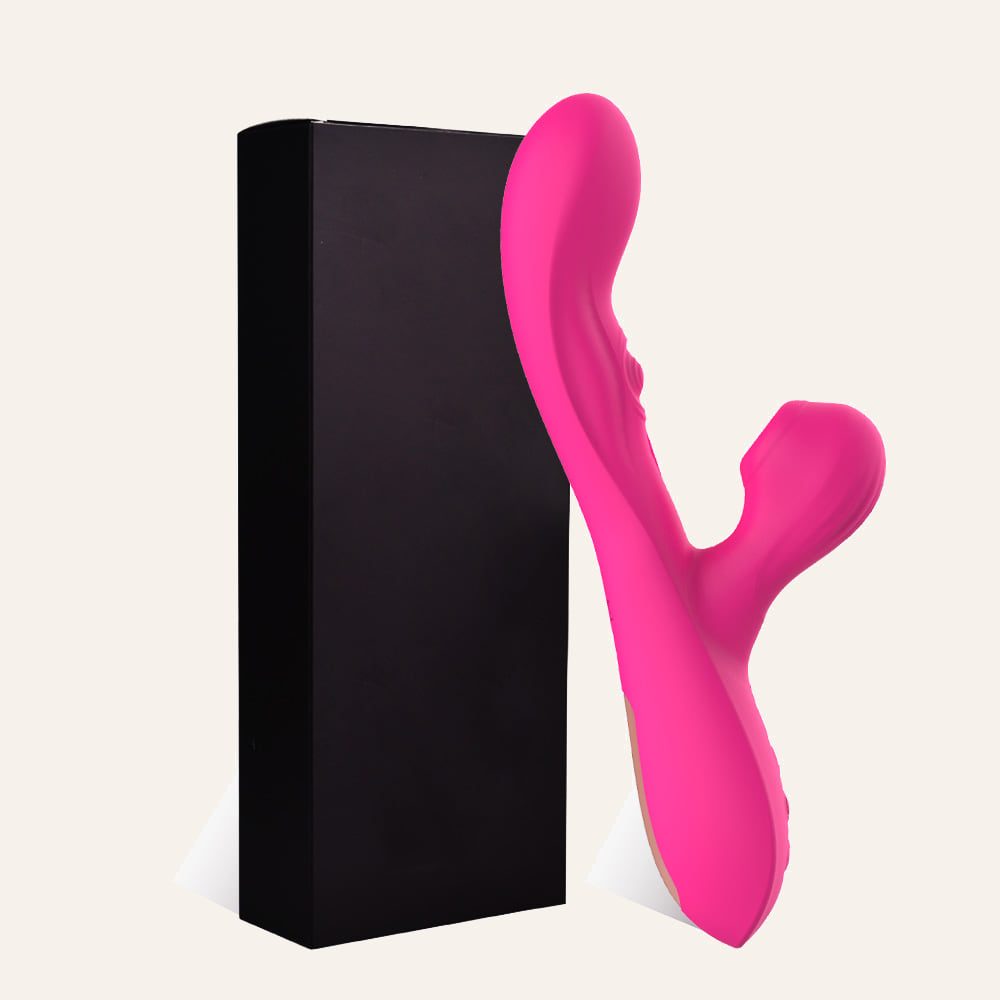 Rose red multi-mode personal massager beside its black packaging box