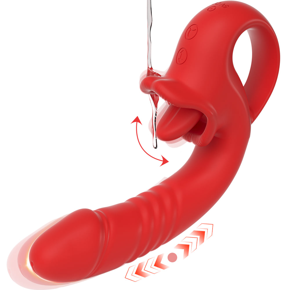 Red telescopic personal massager shown with movement and stimulation indicators