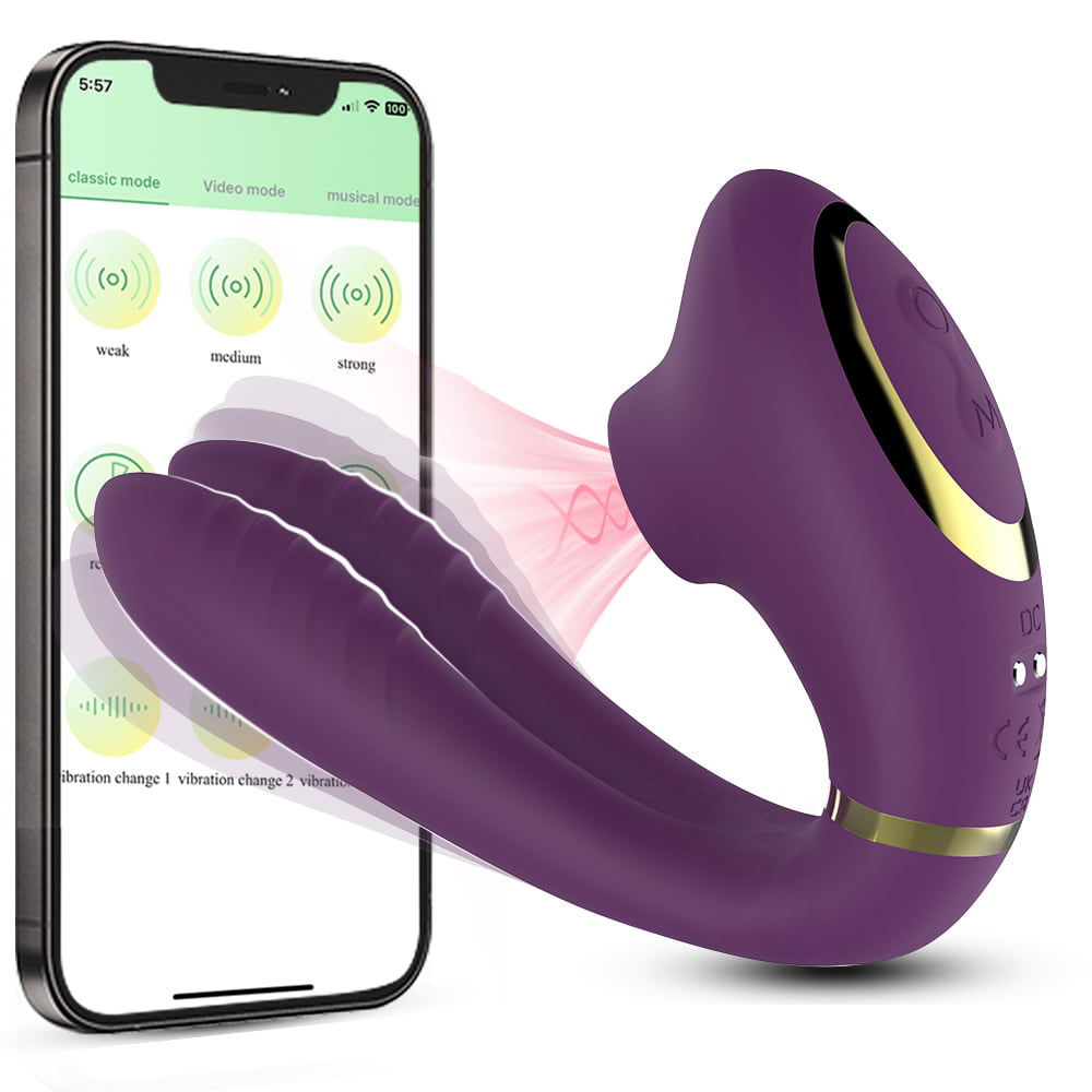 Purple app-controlled personal massager shown with the companion app