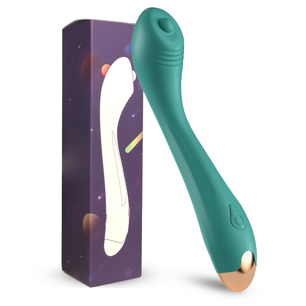 Bendable green personal massager shown beside its retail packaging